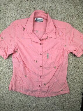 Columbia Women's Embroidered Button Up Shirt Pink Floral Short Sleeve Size Med